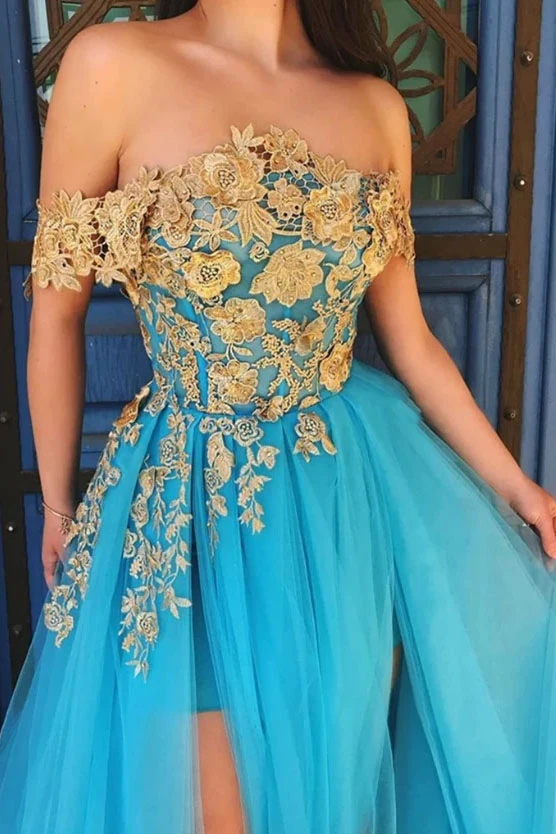 Promfast Off Shoulder Blue Gold Lace Prom Dresses, Long Lace Formal Ev