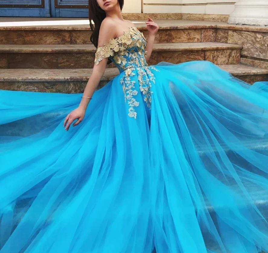 Promfast Off Shoulder Blue Gold Lace Prom Dresses Long Lace Formal Ev