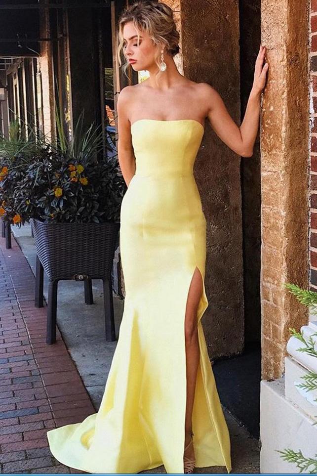 Yellow Mermaid Elegant Strapless Satin Long Prom Dresses With Slit