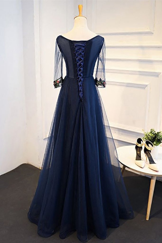 Sweetheart Navy Blue Appliques A-line Ruffle Long Prom Dress main image 1