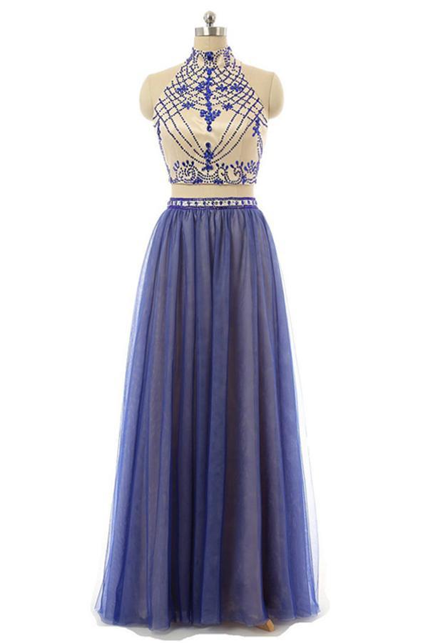 Burgundy Tulle Open Back Two-pieces Halter Long Prom Dresses With Beading, PL168