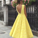 Yellow Lace A Line Deep V Neck Prom Dress,Homecoming Dresses PFP0299