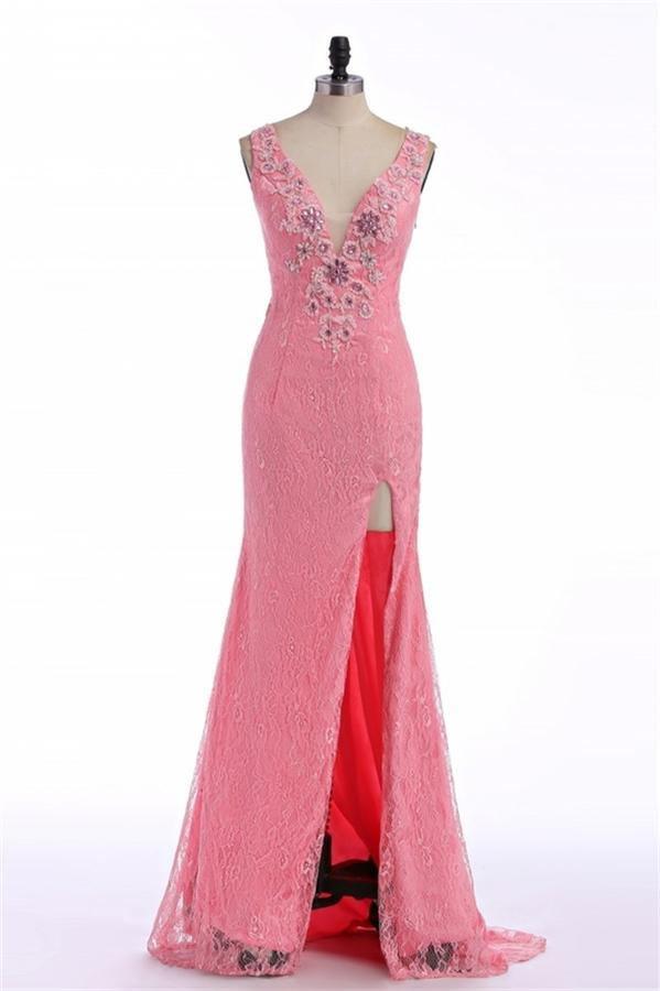 Pink 3D Floral Lace Split Neck Mermaid Long Prom Dress
