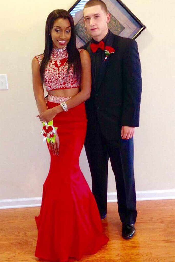 Red Beading 2 Pieces High Neck Long Mermaid Prom Dresses PFP1213 Promfast Red Beading 2 Pieces High Neck Long Mermaid Prom Dresses PFP1213 Promfast