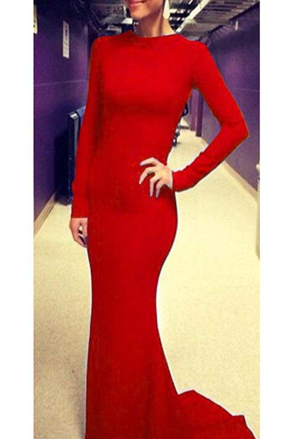 Light Red Simple Open Back Long Sleeves Cheap Prom Dresses PFP1217   Promfast