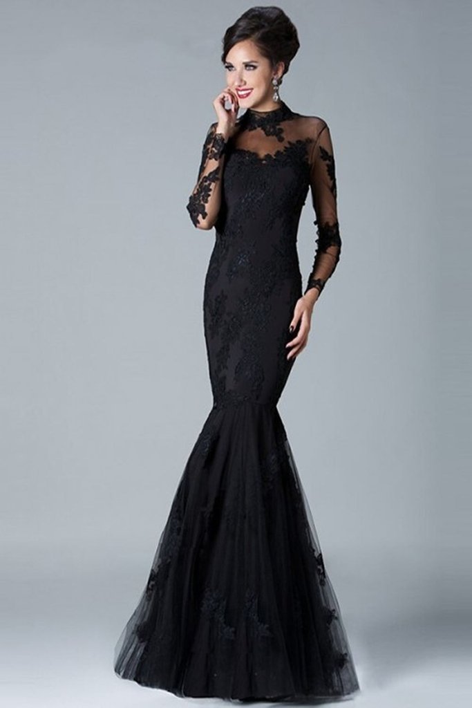 Charming Long Sleeves High Neck Black Lace Mermaid Prom Dresses PFP121 Promfast Charming Long Sleeves High Neck Black Lace Mermaid Prom Dresses PFP121 Promfast