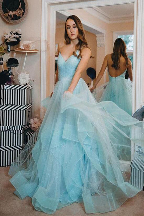 Light Blue Backless Prom Gown Spaghetti-straps Tulle Tiered Dance Dress PFP1756