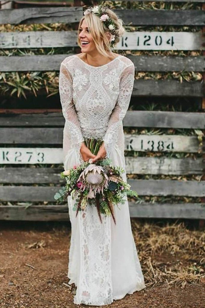 Long Sleeve Ivory Lace See Through Backless Beach Boho Wedding Dresses Promfast Long Sleeve Ivory Lace See Through Backless Beach Boho Wedding Dresses Promfast