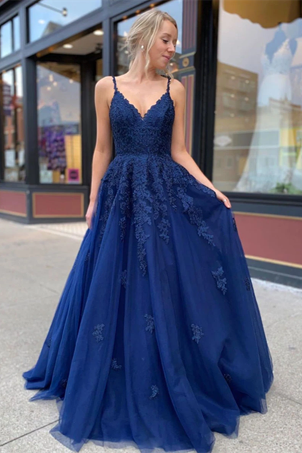 open lace back dress Blue Spaghetti Straps Long Princess Pretty Prom Dresses for Girls main image 0