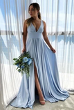 Promfast Deep V Neck Blue Long Prom Dresses Simple Bridesmaid Dresses PFB0161