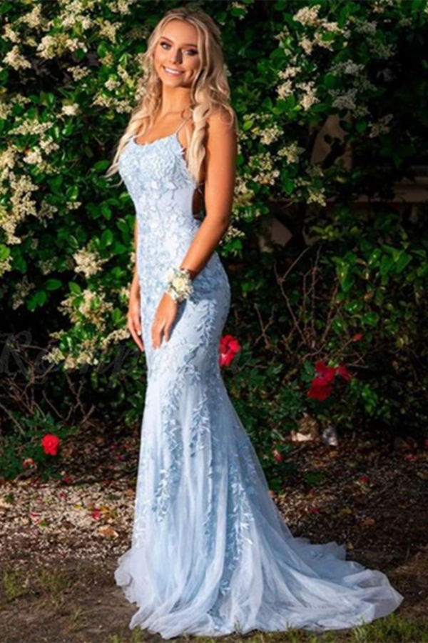 Promfast Blue Lace Prom Dresses Long, Evening Dress, Dance Dress, Grad