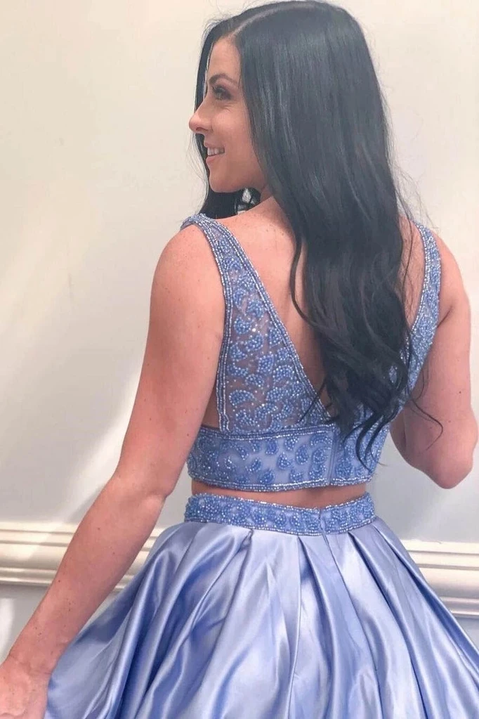 Promfast Two Piece V Neck Blue Satin Beaded Prom Dress Evening Dress W