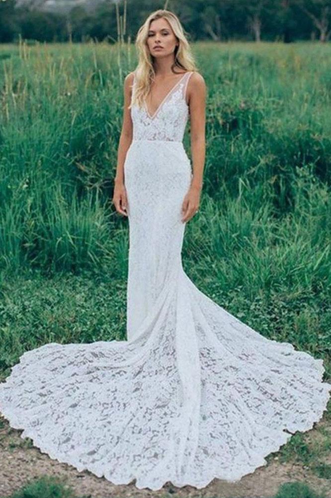 Mermaid V Neck Backless White Lace Long Wedding Dresses,Beach Boho Wed –  Promfast