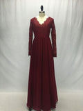 Lace Chiffon Bodice Burgundy Prom Dress,Long Simple Bridesmaid Dress with Long Sleeves PFB0004