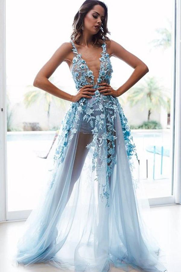A-Line V-Neck Backless Light Blue Prom Dress with Appliques PFP1349 –  Promfast