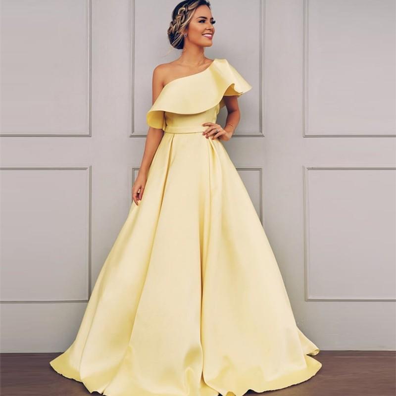 One Shoulder A-Line Yellow Prom Dress JTE129 main image 0