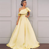 A Line One Shoulder Satin Yellow Simple Prom Dress With Ruched PFP1428