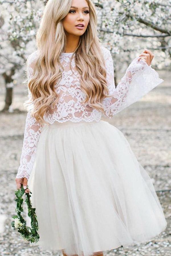 Off White Tulle Long Sleeve Lace Two Pieces Short Cheap Homecoming Dre Promfast Off White Tulle Long Sleeve Lace Two Pieces Short Cheap Homecoming Dre Promfast