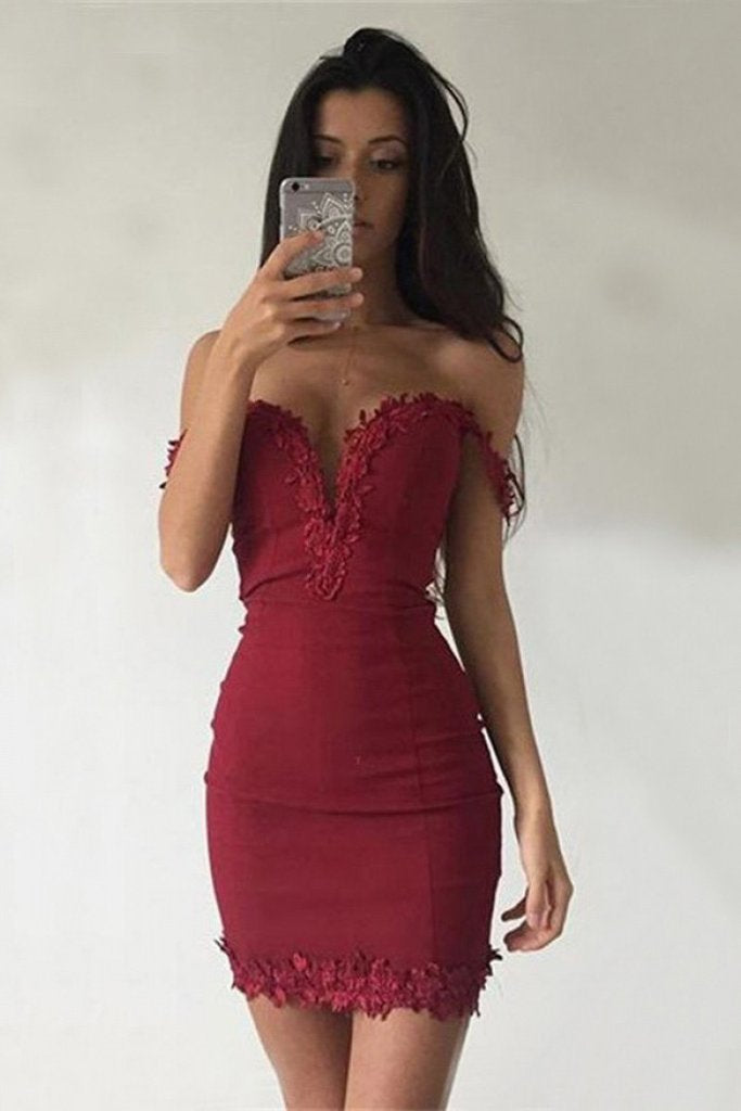 Sheath Off the Shoulder Short Dark Red Homecoming Dress with Lace Appl Promfast Sheath Off the Shoulder Short Dark Red Homecoming Dress with Lace Appl Promfast