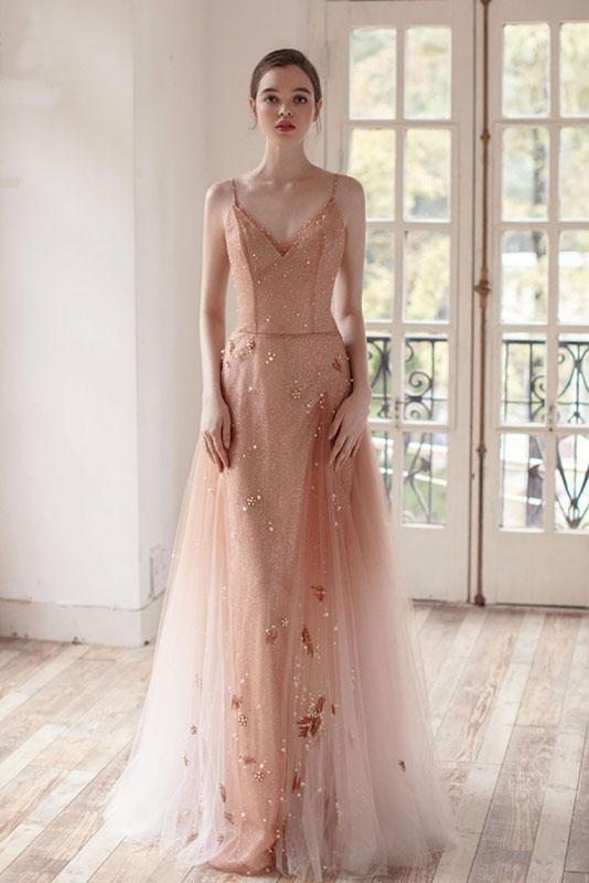 Ombre A Line Long Tulle Spaghetti Straps Prom Dresses With Beads PFP1439