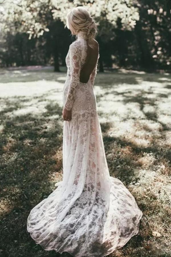 Mermaid High Neck Backless Long Sleeves Boho Lace Wedding Dress PFW033 Promfast Mermaid High Neck Backless Long Sleeves Boho Lace Wedding Dress PFW033 Promfast