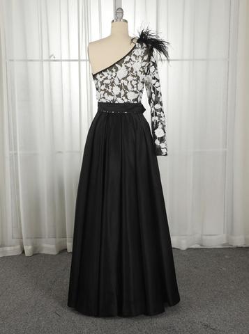 Vintage A-line One Shoulder Lace Appliqued Long Prom Dresses With Over Skirt