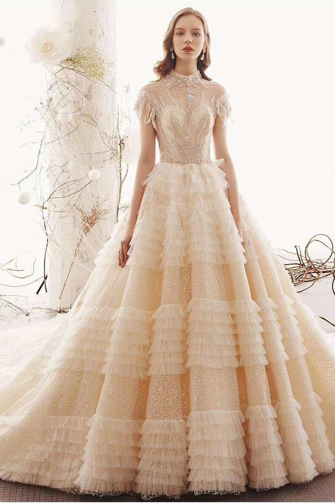 high neck short sleeve wedding dress Princess High Neck Ball Gown Wedding Dresses, Short Sleeves Bridal Dre – Promfast