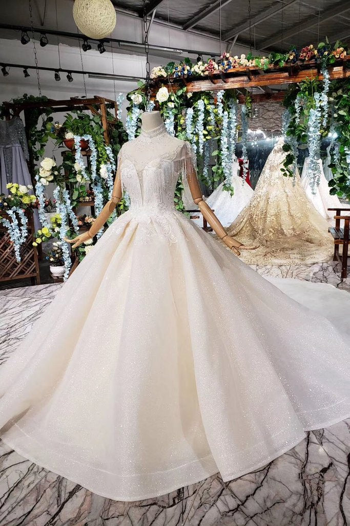 Off White High Neck Ball Gown Wedding Dresses, Open Back Beaded Weddin Promfast Off White High Neck Ball Gown Wedding Dresses, Open Back Beaded Weddin Promfast
