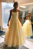 Promfast A-Line Round Neck Yellow Tulle Lace Prom Dresses Formal Dresses PFP1916