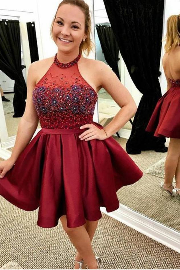 Burgundy Halter Sleeveless Backless A Line Homecoming Dresses PFH0182   Promfast