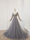 A Line Long Sleeves V Neck Grey Beading Prom Dresses PFP1764