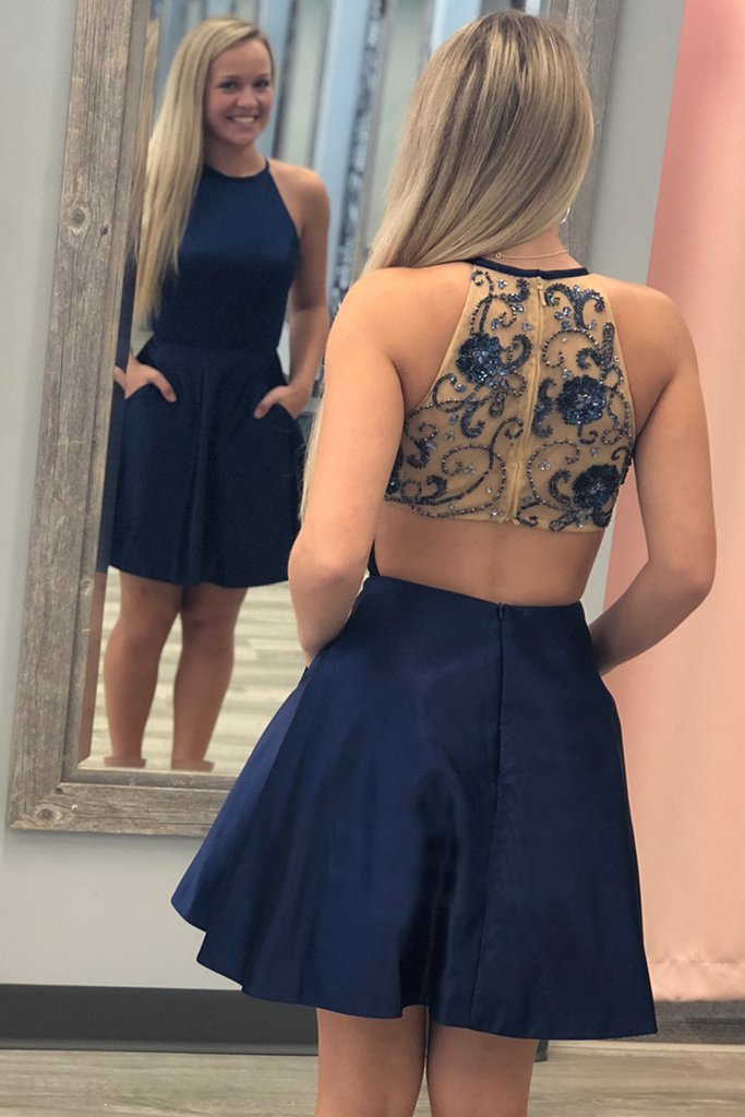 Short Navy Blue A Line Satin Beaded Homecoming Dress with Pockets PFH0 Promfast Short Navy Blue A Line Satin Beaded Homecoming Dress with Pockets PFH0 Promfast