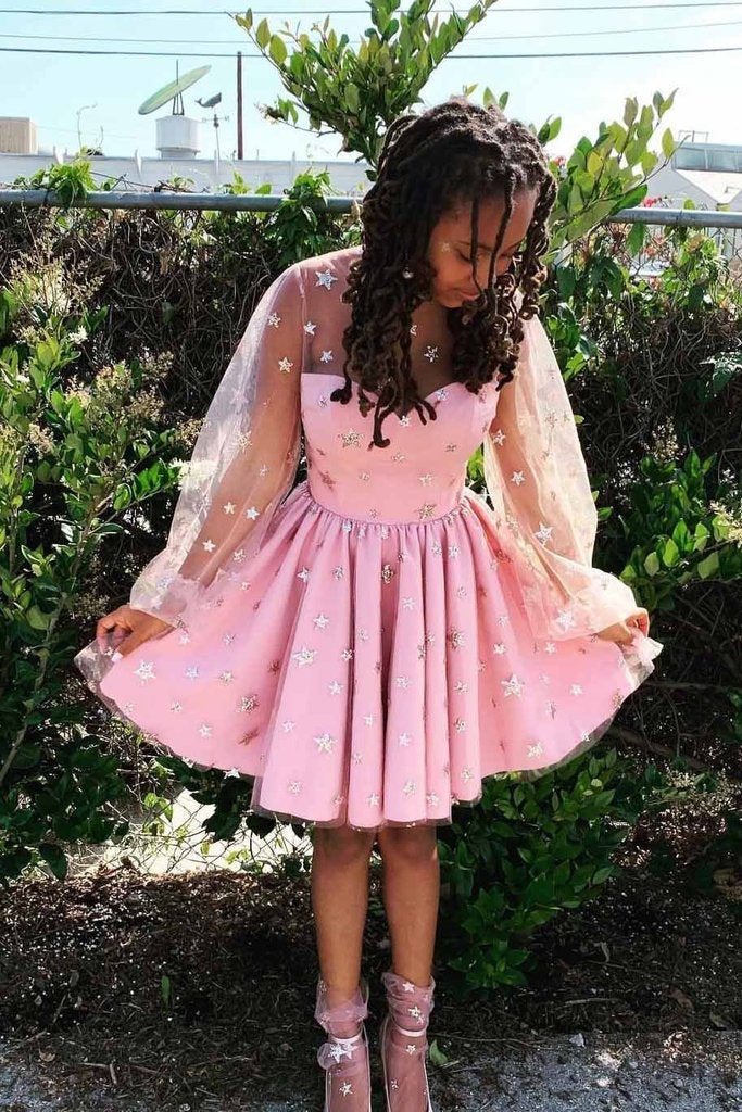 Pink Stars Long Sleeves Tulle Short Homecoming Dresses PFH0194 Promfast Pink Stars Long Sleeves Tulle Short Homecoming Dresses PFH0194 Promfast