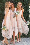 Navy Blue/Pink Deep V-neck Spaghetti Straps Sleeveless Asymmetry Lace A-line Bridesmaid Dress PFB0001