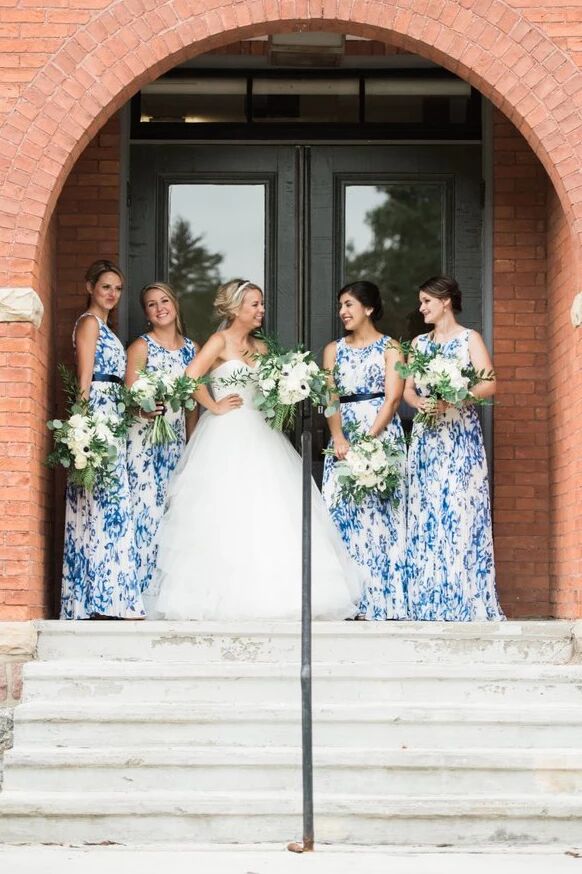 Scoop Ink Blue Print Bridesmaid Dress with Belt PFB0113 – Promfast