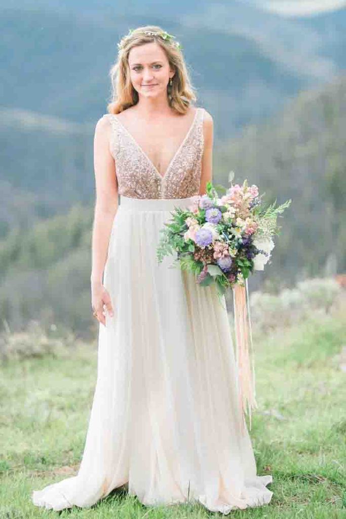 Gold Sequin Chiffon Backless Simple Beach Wedding Dresses with Sash PF Promfast Gold Sequin Chiffon Backless Simple Beach Wedding Dresses with Sash PF Promfast