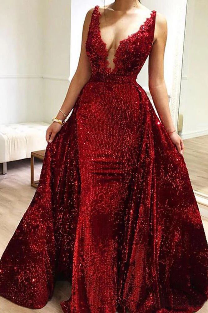 Burgundy Sequins Long V Neck Prom Dresses Lace Evening Dresses PFP1520 –  Promfast