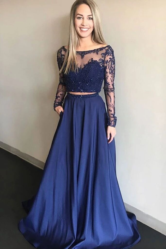 Royal Blue Two Pieces A Line Long Sleeves Appliques Prom Dress With Po Promfast Royal Blue Two Pieces A Line Long Sleeves Appliques Prom Dress With Po Promfast