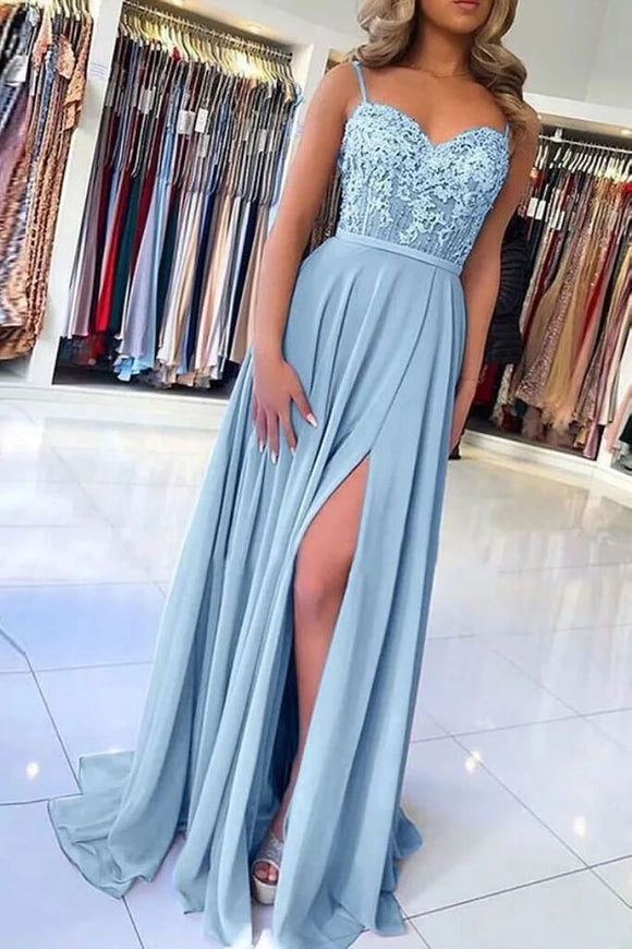 Light Blue Chiffon Slit Spaghetti Straps Prom Dresses, Long Evening Dress PFP1554