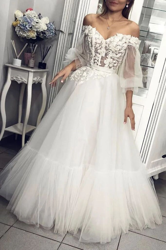 Off the Shoulder Long Sleeves Appliques Tulle A Line Prom Dresses PFP1558
