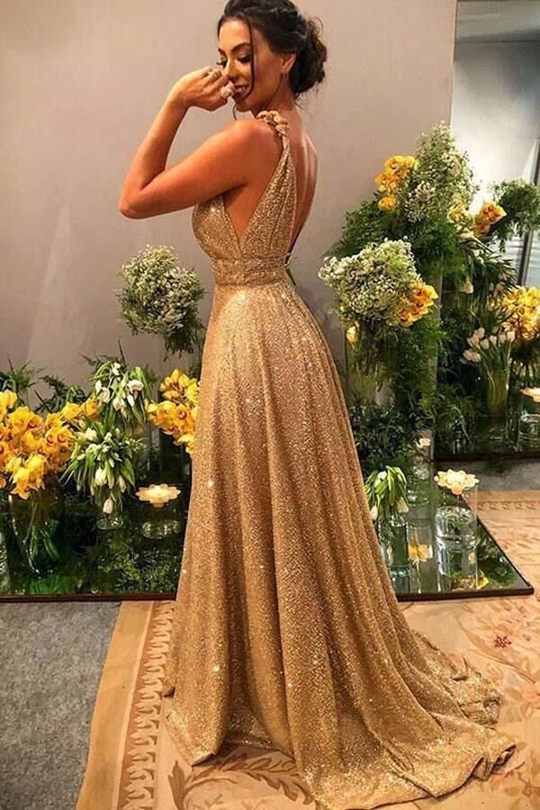 Promfast A-line Gold Sequin Empire Prom Dress Long 2020 Sweep Train PF