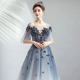Ombre A Line Half Sleeves Tulle Round Neck Prom Dress Evening Dresses PFP1607