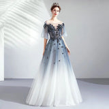 Ombre A Line Half Sleeves Tulle Round Neck Prom Dress Evening Dresses PFP1607
