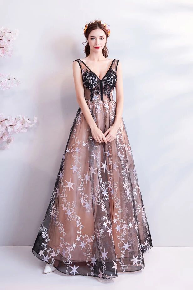 slim fit dress slacks Glitter Stars Navy Tulle Plunging Formal Dress