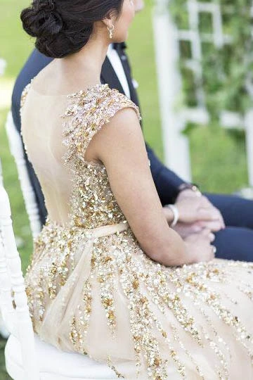 Promfast Illusion Neck Beading Long Gold Wedding Dress with Sheer Back Promfast Illusion Neck Beading Long Gold Wedding Dress with Sheer Back