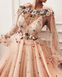 A line Long Sleeves Prom Dresses 3D Flowers Prom Dress Formal Evening Dress PFP1655
