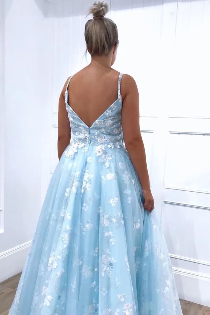Sky Blue Straps Vintage Floral Asymmetrical Hem Long Prom Dress, DP3142