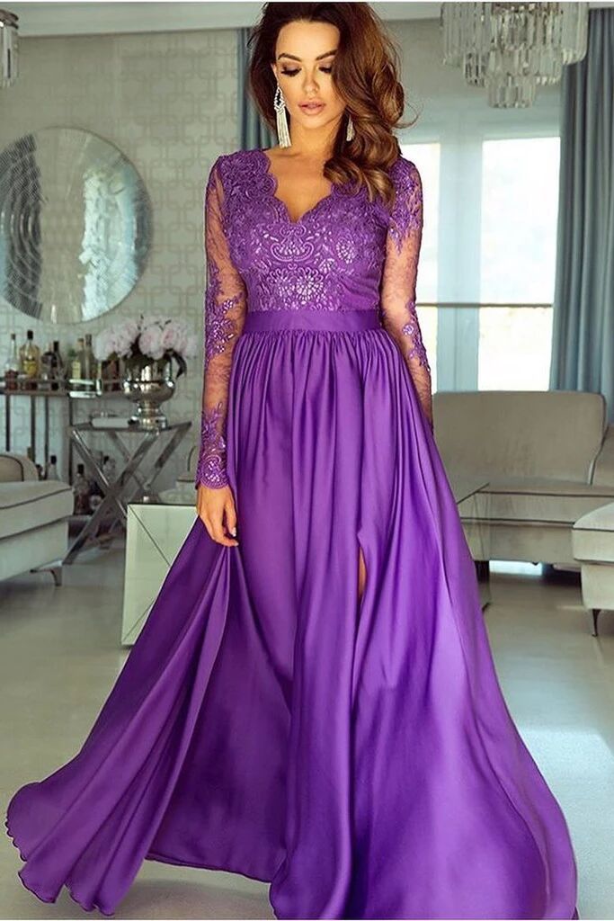 A-line V neck Long Sleeves Prom Dresses Lace Appliques Formal Gowns PF –  Promfast