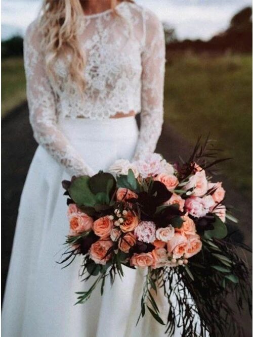 Chiffon Lace Long Sleeve White Zipper Beach Bridal Gowns TWA4512