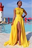 Promfast Sexy Elegant A line Yellow Chiffon Cap Sleeves Lace Evening Prom Dresses PFM0012